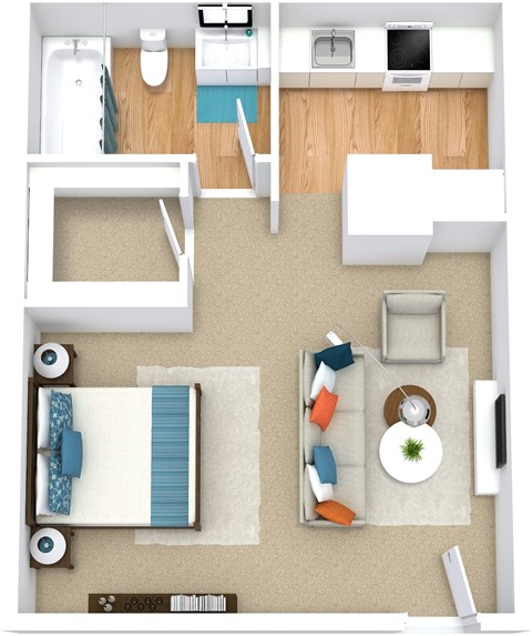 A top-down view of a small apartment with a bed, a couch, a desk, and a kitchenette.